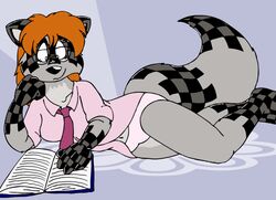  checkered checkered_fur eyewear female glasses hair mammal necktie procyonid raccoon reading red_hair tabbiewolf 