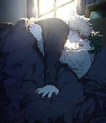  2boys absurdres alarm_clock bakugou_katsuki blonde_hair boku_no_hero_academia clock closed_eyes digital_clock freckles green_hair highres looking_at_another lying male_focus messy_hair midoriya_izuku multiple_boys on_back open_mouth seven-segment_display smile spiked_hair straddling tanuki_happa window yaoi 