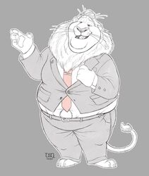  2022 absurd_res anthro barefoot belly_tuft belt bottomwear claws clothed clothing clothing_grab disney dragontzin fangs feet felid fur half-closed_eyes hi_res holding_clothing holding_object jacket leodore_lionheart lion male mammal mane narrowed_eyes necktie open_mouth overweight overweight_anthro overweight_male pantherine pants paws raised_tail shirt slightly_chubby slightly_chubby_anthro slightly_chubby_male solo standing tail teeth toe_claws tongue topwear tuft whiskers zootopia 