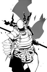  1boy armor belt breastplate crack dou full_armor greyscale helmet highres holding holding_polearm holding_weapon japanese_armor kabuto_(helmet) kometsubu male_focus monochrome original outline pauldrons polearm rope_belt samurai shoulder_armor skull solo vambraces weapon white_outline 