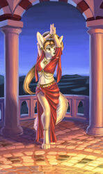  anthro belly belly_dance belly_dancer belly_dancer_outfit belly_dancing bracelet brown_hair canid canine clothed clothing dancer_outfit dancing desert ear_piercing ear_ring fan_character female fennec_fox fox fur gold_(metal) hair hi_res jewelry kirillk leg_bracelet mammal multicolored_body multicolored_fur navel necklace night partially_clothed piercing ring_piercing solo true_fox two_tone_body two_tone_fur yellow_eyes 