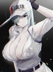  arm_behind_head arm_up baseball_cap belt black_background black_gloves breasts cleavage colored_skin covered_eyes female fingerless_gloves gloves gradient_background grey_eyes hat hataraku_saibou hataraku_saibou_black holding holding_weapon large_breasts looking_at_viewer open_clothes open_shirt shirt simple_background solo tsukunendo u-1196 weapon white_blood_cell_(hataraku_saibou) white_hair white_shirt white_skin 