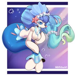  air_bubble asterozoan blue_eyes blue_hair breasts busty_feral cc-by-nc-sa creative_commons echinoderm featureless_breasts female feral fin generation_7_pokemon hair hi_res honowyn marine nintendo pokemon pokemon_(species) primarina solo starfish tail tail_fin 