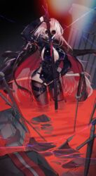  ambiguous_red_liquid black_gloves breasts cleavage_cutout clothing_cutout dungeon_and_fighter female female_slayer_(dungeon_and_fighter) gloves highres jacket jacket_on_shoulders long_hair long_sleeves mature_female mo_bing pillar planted planted_sword revealing_clothes rubble solo spectre_(dungeon_and_fighter) sunglasses sword thighhighs thread upper_body weapon white_hair 