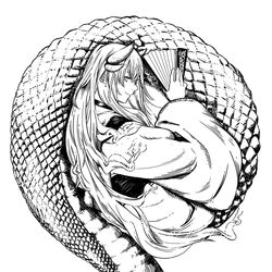  closed_mouth coiled commentary_request ear_tag fate/grand_order fate_(series) female folding_fan greyscale hand_fan hatching_(texture) holding holding_fan horns kiyohime_(fate) kosai lamia long_hair monochrome monster_girl multiple_horns profile round_image scales simple_background slit_pupils smile solo very_long_hair white_background 