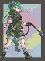  absurdres alternate_costume bandaged_leg bandages bare_arms chains chameleon_girl chameleon_tail commentary_request contemporary female forehead_protector full_body gloves green_hair harness high_ponytail highres holding holding_weapon hood hood_up jacket kama_(weapon) kemono_friends kusarigama long_hair looking_at_viewer multicolored_hair open_mouth panther_chameleon_(kemono_friends) red_eyes scarf shoes short_sleeves shorts sickle solo standing tail teeth toriny translation_request two-tone_hair upper_teeth_only weapon 