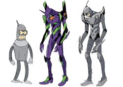  absurdres animification bender_bending_rodriguez commentary crossover english_commentary eva_01 evangelion_(mecha) fusion futurama highres horns humanoid_robot looking_at_viewer mecha neon_genesis_evangelion no_humans robot rosy_(rosygloomart) science_fiction simple_background single_horn standing white_background 