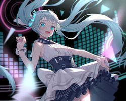  :d alexmaster audio_visualizer bare_arms bare_shoulders black_sailor_collar blue_archive blue_eyes blue_hair breasts center_frills commentary_request female floating_hair frills hatsune_miku highres layered_skirt long_hair looking_at_viewer pleated_skirt sailor_collar shirt skirt sleeveless sleeveless_shirt small_breasts smile solo twintails very_long_hair vocaloid white_shirt white_skirt 