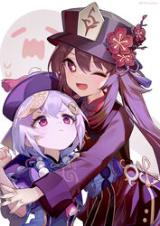  2girls :d =_= ainy bead_necklace beads black_dress black_headwear boo_tao_(genshin_impact) brown_hair clenched_hand closed_mouth coin_hair_ornament commentary dress eyelashes flower flower-shaped_pupils genshin_impact ghost hair_ornament hand_up hat highres hu_tao_(genshin_impact) hug jewelry long_hair long_sleeves looking_at_another looking_at_viewer multiple_girls necklace nervous one_eye_closed open_mouth plum_blossoms pout purple_dress purple_eyes purple_hair purple_headwear qingdai_guanmao qiqi_(genshin_impact) red_eyes short_hair short_sleeves simple_background smile sweat symbol-shaped_pupils talisman twintails twitter_username upper_body white_background 