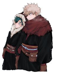  2boys 7th_popularity_poll_(boku_no_hero_academia) arm_grab bakugou_katsuki belt black_coat blonde_hair boku_no_hero_academia brown_belt brown_gloves coat freckles fur_trim gloves green_hair highres hood hood_up male_focus midoriya_izuku multiple_boys official_alternate_costume red_eyes red_scarf scarf simple_background spiked_hair tanuki_happa white_background 