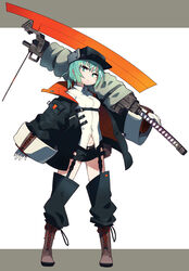  black_hat black_jacket boots brown_gloves duplicate female frills gloves green_eyes green_hair hat highres holding holding_sword holding_weapon jacket kometsubu long_sleeves open_clothes open_jacket original over_shoulder padded_jacket pixel-perfect_duplicate short_hair sleeves_past_wrists solo standing sword sword_over_shoulder weapon weapon_over_shoulder white_gloves wide_sleeves 