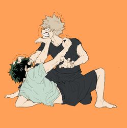  2boys anger_vein angry bakugou_katsuki black_shirt black_shorts blank_eyes blonde_hair blue_shirt boku_no_hero_academia fighting green_hair head_grab highres male_focus midoriya_izuku multiple_boys on_one_knee orange_background shirt shorts simple_background spiked_hair t-shirt tanuki_happa teeth 