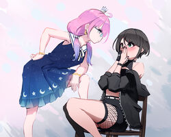  2girls ahoge alternate_costume asymmetrical_legwear bare_shoulders black_hair black_jacket black_shorts black_thighhighs blue_dress blue_hair bracelet bush chair commentary crescent dress earrings english_commentary fian_f.n fishnets glasses gloves goth_fashion gradient_hair green_eyes himemori_luna himemori_luna_(sundress) hololive jacket jewelry long_hair mismatched_legwear multicolored_hair multiple_girls off_shoulder oozora_subaru pink_hair purple_eyes role_reversal short_hair shorts single_glove sitting star_(symbol) swept_bangs thighhighs virtual_youtuber 