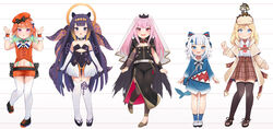  5girls :o aged_down alternate_height black_gloves blonde_hair blue_hair blunt_bangs blush capelet commentary deerstalker earrings elbow_gloves feather_earrings feathers fins fish_tail gawr_gura gawr_gura_(1st_costume) gloves gradient_hair green_hair grey_hair halo hat height_chart high-waist_skirt highres hololive hololive_english holomyth jewelry kobi_(piliheros2000) long_hair low_wings medium_hair mori_calliope mori_calliope_(1st_costume) multicolored_hair multiple_girls ninomae_ina&#039;nis ninomae_ina&#039;nis_(1st_costume) open_hands open_mouth orange_hair parody pink_hair plaid plaid_skirt purple_hair shark_tail shirt_tucked_in skirt smile smol_ame standing standing_on_one_leg streaked_hair style_parody tail takanashi_kiara takanashi_kiara_(1st_costume) tentacle tentacle_hair thighhighs very_long_hair virtual_youtuber walfie_(style) watson_amelia watson_amelia_(1st_costume) wings wrist_cuffs 