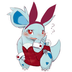  1:1 big_ears blue_body blue_skin blush bunny_costume claws clothing costume cotora cuffs_(clothing) embarrassed fangs female feral generation_1_pokemon headgear headwear leotard nidorina nintendo open_mouth pokemon pokemon_(species) question_mark red_eyes solo teeth tight_clothing 