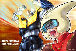  1boy angie_(kani-ga-tobuna) angry antennae assault_visor brown_hair commentary_request dated energy energy_beam fangs firing kabuto_kouji mazinger_(series) mazinger_z mazinger_z_(mecha) mecha pilder pilot_helmet pilot_suit pilot_uniform redesign robot science_fiction shiny shouting sideburns signature super_robot teeth 