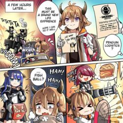  3boys 3girls animal_ears apple_pie arknights arrow_(projectile) bird bison_(arknights) bow_(weapon) car cow_horns crossbow demon_horns eating energy_wings english_text exusiai_(arknights) fedora firing fishball gangster gatling_gun gloves ground_vehicle halo hat horns mostima_(arknights) motor_vehicle multiple_boys multiple_girls penguin phandit_thirathon shield takeout_container texas_(arknights) the_emperor_(arknights) weapon wolf_ears 