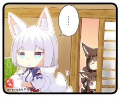  ... 3girls :&lt; :3 amagi-chan_(azur_lane) amagi_(azur_lane) animal_ear_fluff animal_ears artist_name azur_lane blue_eyes blunt_bangs border brown_hair chibi closed_eyes closed_mouth commentary_request detached_sleeves fox_ears holding indoors japanese_clothes kaga_(azur_lane) kaga_(battleship)_(azur_lane) kimono kitsune long_hair multiple_girls peeping purple_eyes radish shadow sliding_doors speech_bubble taisa_(kari) white_border white_hair white_kimono white_sleeves wooden_door 