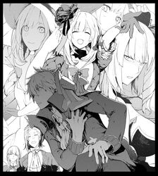  1other 2boys armor ascot black_border border bow charles-henri_sanson_(fate) chevalier_d&#039;eon_(fate) closed_eyes clutching_chest dark_persona fate/grand_order fate_(series) female gloves greyscale hat hood marie_antoinette_(alter)_(fate) marie_antoinette_(alter)_(third_ascension)_(fate) marie_antoinette_(fate) marie_antoinette_(fgo_x_takarazuka_kinen)_(fate) monochrome multiple_boys multiple_persona official_alternate_costume pauldrons shoulder_armor smile syatey wolfgang_amadeus_mozart_(fate) 