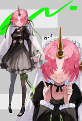  bebe_(bebe_pp) black_choker black_dress black_footwear black_pantyhose blush breasts choker commentary_request double_bun dress fate/apocrypha fate_(series) female flower frankenstein&#039;s_monster_(fate) frankenstein&#039;s_monster_(under_the_same_sky)_(fate) frills hair_bun hair_ornament hair_over_one_eye highres horns long_sleeves looking_at_viewer mechanical_horns multiple_views pantyhose pink_flower pink_hair short_hair single_horn smile 