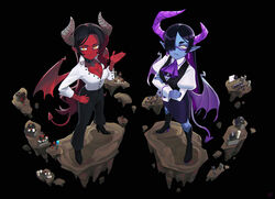  2girls ascot asymmetrical_hair asymmetrical_horns black_background black_hair blue_skin boots choker colored_inner_hair colored_skin crossed_arms deadslug demon_girl demon_horns demon_tail demon_wings earrings english_commentary formal freckles gradient_hair hair_over_one_eye hand_on_own_hip high_heel_boots high_heels highres horns jewelry long_hair looking_at_viewer multicolored_hair multiple_girls original pant_suit pants pencil_skirt pointy_ears purple_hair red_hair red_skin semi-rimless_eyewear skirt slit_pupils standing suit tail two-tone_hair under-rim_eyewear wings yellow_eyes 