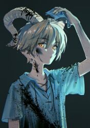  1boy black_blood blonde_hair blood blood_on_clothes blood_on_face cleaning collarbone fingernails goat_horns grey_background hair_between_eyes highres holding horns looking_at_viewer male_focus nashigaya_koyomi orange_eyes original parted_lips sharp_fingernails simple_background upper_body 