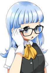  bespectacled black_vest blue_eyes blue_hair blunt_bangs blush commentary female glasses gloves hatsukaze_(kancolle) highres kantai_collection long_hair nassukun neck_ribbon open_mouth ribbon school_uniform shirt simple_background solo symbol-only_commentary upper_body vest white_background white_gloves white_shirt yellow_ribbon 