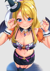  ayase_eli birthday blush breasts claw_pose cleavage collarbone commentary demon_wings female garter_straps hat high_ponytail highres large_breasts long_hair love_live! love_live!_school_idol_project midriff miniskirt navel ponytail purple_nails sidelocks skirt smile solo thighhighs wings witch_hat zacky 