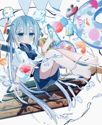  bare_legs blue_bow blue_bowtie blue_eyes blue_hair blue_sailor_collar blue_skirt bottle bottle_miku bow bowtie closed_mouth commentary dot_mouth female fish goldfish hatsune_miku highres hikimayu holding holding_bottle ice_cream_bar innertube jellyfish liquid_hair long_hair looking_at_viewer miniskirt object_request pleated_skirt raft sailor_collar school_uniform serafuku shadow shirt short_sleeves sitting skirt solo swim_ring syare_0603 transparent_innertube twintails very_long_hair vocaloid white_background white_shirt wind_chime 