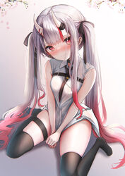  3: absurdres between_breasts black_necktie blush breasts breasts_squeezed_together center-flap_bangs cherry_blossoms closed_mouth collared_shirt commentary_request covering_crotch covering_privates embarrassed female frown gradient_hair grey_background grey_hair hair_spread_out head_tilt highres hololive horns knees_out_of_frame long_hair looking_at_viewer multicolored_hair nakiri_ayame nakiri_ayame_(streetwear) necktie necktie_between_breasts no_shoes nose_blush official_alternate_costume raised_eyebrows red_eyes red_hair shirt shirt_tug sidelocks simple_background sitting skin-covered_horns skindentation sleeveless sleeveless_shirt small_breasts solo streaked_hair terra_bose thigh_strap thighhighs thighs tsurime twintails v_arms very_long_hair virtual_youtuber wariza white_shirt 