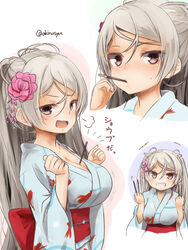  akino_shuu animal_print blue_kimono breasts brown_eyes cleavage commentary_request conte_di_cavour_(kancolle) female fish_print flower food goldfish_print grey_hair grin hair_flower hair_ornament holding holding_food japanese_clothes kantai_collection kimono large_breasts long_hair long_sleeves multiple_views obi object_on_breast open_mouth pink_flower pocky pocky_day print_kimono sash smile translated twitter_username wide_sleeves yukata 