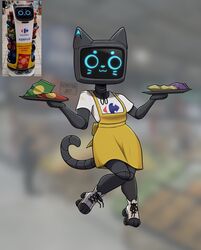  2022 :3 ambiguous_gender anthro anthrofied apron bellabot blurred_background carrefour chips_(food) clothing domestic_cat felid feline felis food footwear grey_body hi_res inline_skates kemitra kerfus logo mammal photo_background photography_(artwork) plate pudu_robotics roller_skates screen screen_face shirt shoes signature solo topwear white_body 