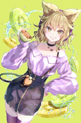  alternate_costume bare_shoulders bird black_choker black_skirt blonde_hair breasts charm_(object) chest_tattoo choker cleavage collarbone commentary_request cowboy_shot earmuffs female food fruit green_background grin hair_between_eyes hand_on_own_hip hand_up highres holding kiwi_(bird) kiwi_(fruit) kiwi_slice long_sleeves looking_at_viewer narrow_waist off-shoulder_shirt off_shoulder pointy_hair purple_shirt shirt short_hair simple_background skinny skirt sleeves_past_wrists smile solo standing stuffed_animal stuffed_toy suspender_skirt suspenders suspenders_gap syuri22 tattoo thighhighs touhou toyosatomimi_no_miko yellow_eyes zettai_ryouiki 