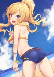  :d absurdres ass bare_shoulders beach bead_bracelet beads bikini blonde_hair blue_eyes blush bracelet breasts cowboy_shot denim denim_shorts female from_behind hair_ornament highres idolmaster idolmaster_cinderella_girls jewelry large_breasts long_hair looking_back ocean ohtsuki_yui oops open_mouth outdoors ponytail shorts smile solo standing striped_bikini striped_clothes swimsuit teeth upper_teeth_only w 