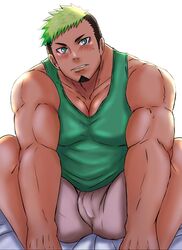  1boy backlighting bara bare_arms bare_shoulders black_hair blush bulge casual dark-skinned_male dark_skin facial_hair goatee green_eyes green_hair green_tank_top highres ikusaba_daisuke inari_konko_(inari_sushi3) leaning_forward looking_at_viewer male_focus multicolored_hair muscular muscular_male on_bed pectoral_cleavage pectoral_press pectorals short_hair shorts sideburns sitting solo tank_top tokyo_afterschool_summoners two-tone_hair white_shorts 