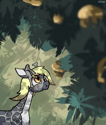  alternate_species blonde_hair colochenni derp_eyes derpy_hooves eating eyelashes feral food friendship_is_magic fur giraffe giraffid grey_body grey_spots hair hasbro hi_res horn long_hair long_neck mammal markings muffin my_little_pony plant spots spotted_body spotted_fur tree yellow_eyes 