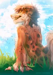  anthro biped canid canine canis claws clothed clothing cloud domestic_dog female floppy_ears fur grass mammal markings momobeda outside plant solo spots spotted_body spotted_fur sunny topless topless_anthro topless_female 