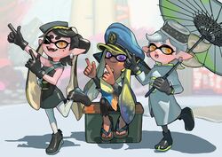  agent_3_(splatoon) animal_humanoid blurred_background callie_(splatoon) captain_hat cephalopod cephalopod_humanoid clothing coleoid decapodiform dress ear_piercing ear_ring electronics female footwear gesture gloves group hand_gesture handwear headgear headphones headwear hi_res humanoid inkling jewelry looking_at_viewer marie_(splatoon) marine marine_humanoid markings mole_(marking) mollusk mollusk_humanoid necklace nintendo one_eye_closed one_leg_up orange_eyeshadow peachquail piercing pointing pointing_up purple_eyes ragged_clothing raised_leg ring_piercing sandals shadow sitting sitting_on_object smile smiling_at_viewer splatoon squid_sisters_(splatoon) standing tentacle trio umbrella wink 