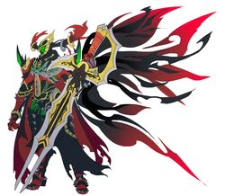  1boy absurdres armor black_armor black_cape black_fire bone breastplate breasts cape catball1994 clawed_gauntlets crucifixion fire floating_cape full_armor gold_trim green_eyes highres holding holding_sword holding_weapon horns huge_horns huge_weapon jewelry kamen_rider kamen_rider_saber_(series) kamen_rider_storious male_focus planted planted_sword red_armor redesign ribs ring sculpture shoulder_armor shoulder_pads shoulder_spikes simple_background solo spiked_armor spiked_boots spiked_gauntlets spiked_legwear spikes spine sword tokusatsu veil waist_cape weapon white_background 