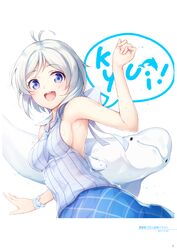  .live :d absurdres ahoge animal antenna_hair armpits bare_shoulders beluga_whale blue_eyes blue_skirt blush breasts dated dennou_shoujo_siro dolphin female hand_up highres looking_at_viewer medium_breasts nijihashi_sora open_mouth page_number plaid plaid_shirt plaid_skirt shiny_skin shirt short_hair sideboob simple_background skirt sleeveless sleeveless_shirt smile solo speech_bubble striped vertical_stripes virtual_youtuber white_background white_hair wing_collar wrist_cuffs 