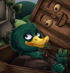  2022 4_fingers anatid anseriform anthro avian beak bird brown_clothing button_(fastener) clothing coffin coffin_(dhmis) digital_media_(artwork) don&#039;t_hug_me_i&#039;m_scared duck duck_guy_(dhmis) duo fingers fur gesture grave green_body green_fingers green_fur green_hands green_head green_neck hand_gesture hi_res hill leaf living_coffin looking_at_viewer lying male on_back on_model raccaboo shaded signature tombstone v_sign wood 