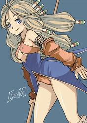  absurdres bare_shoulders blonde_hair blue_eyes breasts closed_mouth commentary criss-cross_halter detached_sleeves dress female hair_ornament hair_tubes halterneck highres imu_(lom) legend_of_mana long_hair looking_at_viewer muramasa_mikado polearm seiken_densetsu simple_background smile solo weapon 