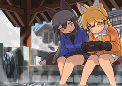  2girls animal_ears ashiyu black_bow black_bowtie black_necktie blonde_hair blush_stickers bow bowtie commentary_request ezo_red_fox_(kemono_friends) foot_bath gloves grey_hair handheld_game_console highres kemono_friends multicolored_hair multiple_girls necktie playing_games pleated_skirt rinx sega_game_gear silver_fox_(kemono_friends) skirt smile steam tail tsurime two-tone_hair 