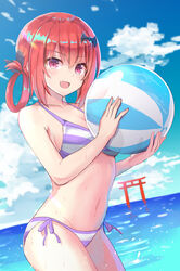  :d ball beachball bikini breasts cleavage cloud day dutch_angle female gabriel_dropout hair_ornament hair_ribbon hair_rings highres holding holding_ball holding_beachball medium_breasts navel ocean oerba_yun_fang open_mouth outdoors red_eyes red_hair ribbon satanichia_kurumizawa_mcdowell sidelocks sky smile striped_bikini striped_clothes swimsuit tenma-gav torii wet 