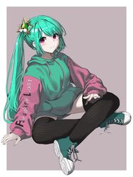  black_thighhighs blush border casual closed_mouth clothes_writing crossed_legs drawstring english_text female full_body green_footwear green_hair green_sweater hair_ornament highres hood hoodie long_hair long_sleeves looking_at_viewer magia_record:_mahou_shoujo_madoka_magica_gaiden mahou_shoujo_madoka_magica multicolored_clothes multicolored_sweater noeru pink_sleeves purple_eyes scanline_hair shoelaces shoes side_ponytail sidelocks sitting smile solo sweater thighhighs uwasa_no_tsuruno yui_tsuruno 