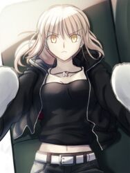  :&lt; animal artoria_pendragon_(fate) belt belt_buckle black_jacket black_shirt blonde_hair breasts buckle canine cavall_the_2nd closed_eyes fate/grand_order fate_(series) female highres jacket looking_at_viewer lying md5_mismatch official_alternate_costume parody saber_alter saber_alter_(ver._shinjuku_1999)_(fate) samoyed_(dog) shirt shoori_(migiha) short_hair shorts style_parody takeuchi_takashi_(style) v-shaped_eyebrows white_belt white_dog yellow_eyes 