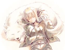  animal artoria_pendragon_(fate) belt black_jacket canine cavall_the_2nd closed_eyes fate/grand_order fate_(series) female jacket jewelry kannuki_hisui lying necklace official_alternate_costume saber_alter saber_alter_(ver._shinjuku_1999)_(fate) samoyed_(dog) shirt short_hair shorts sleeping sleeping_animal white_dog 