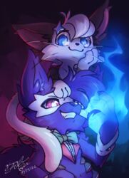  anthro blue_fire bow_(feature) canid canine canis colored_fire doctor_noc domestic_cat duo felid feline felis fire gingy_k_fox hi_res mammal mask wolf 