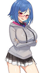  :d absurdres alternate_breast_size arm_under_breasts blue_hair blue_necktie blush breasts choco_tanuki collared_shirt crossed_arms dolphin_hair_ornament dress_shirt female glasses grey_hoodie highres hood hoodie large_breasts long_sleeves looking_at_viewer miniskirt mole mole_on_thigh naughty_face necktie nijisanji nishizono_chigusa oerba_yun_fang open_mouth plaid_necktie pleated_skirt print_hoodie purple_eyes shirt short_hair simple_background skin_fang skirt smile solo virtual_youtuber white_background 