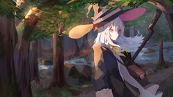  anatom_orange ascot bad_id bad_pixiv_id bag blue_eyes broom elaina_(majo_no_tabitabi) female forest hat hat_ribbon highres holding holding_broom long_hair long_sleeves majo_no_tabitabi nature open_clothes open_robe outdoors ribbon robe shirt solo stream tree white_hair white_shirt wind witch_hat yellow_ascot 